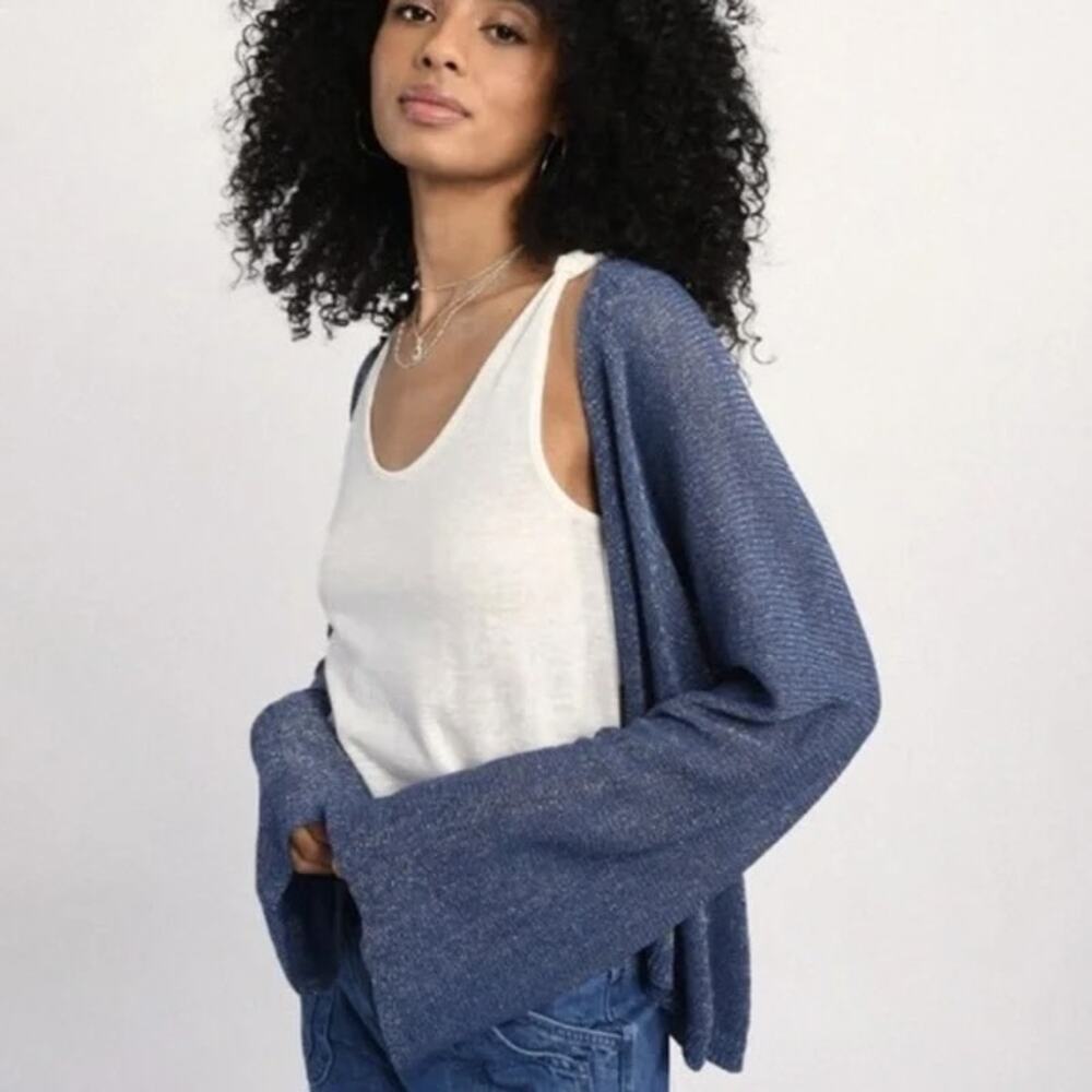 Molly Bracken Long Bell Sleeve Open Front Knit Cardigan Sweater Blue S / M